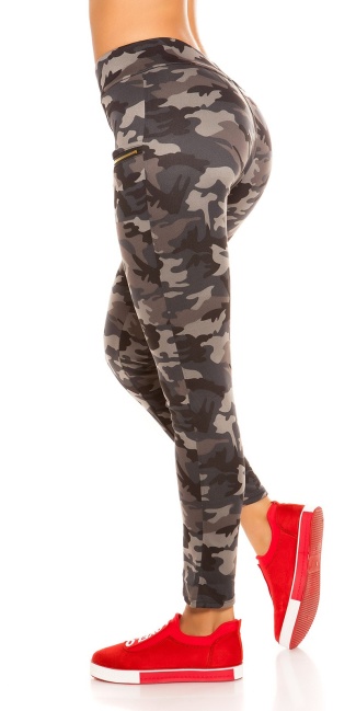 Trendy camouflage look leggings met ritssluitingen grijs